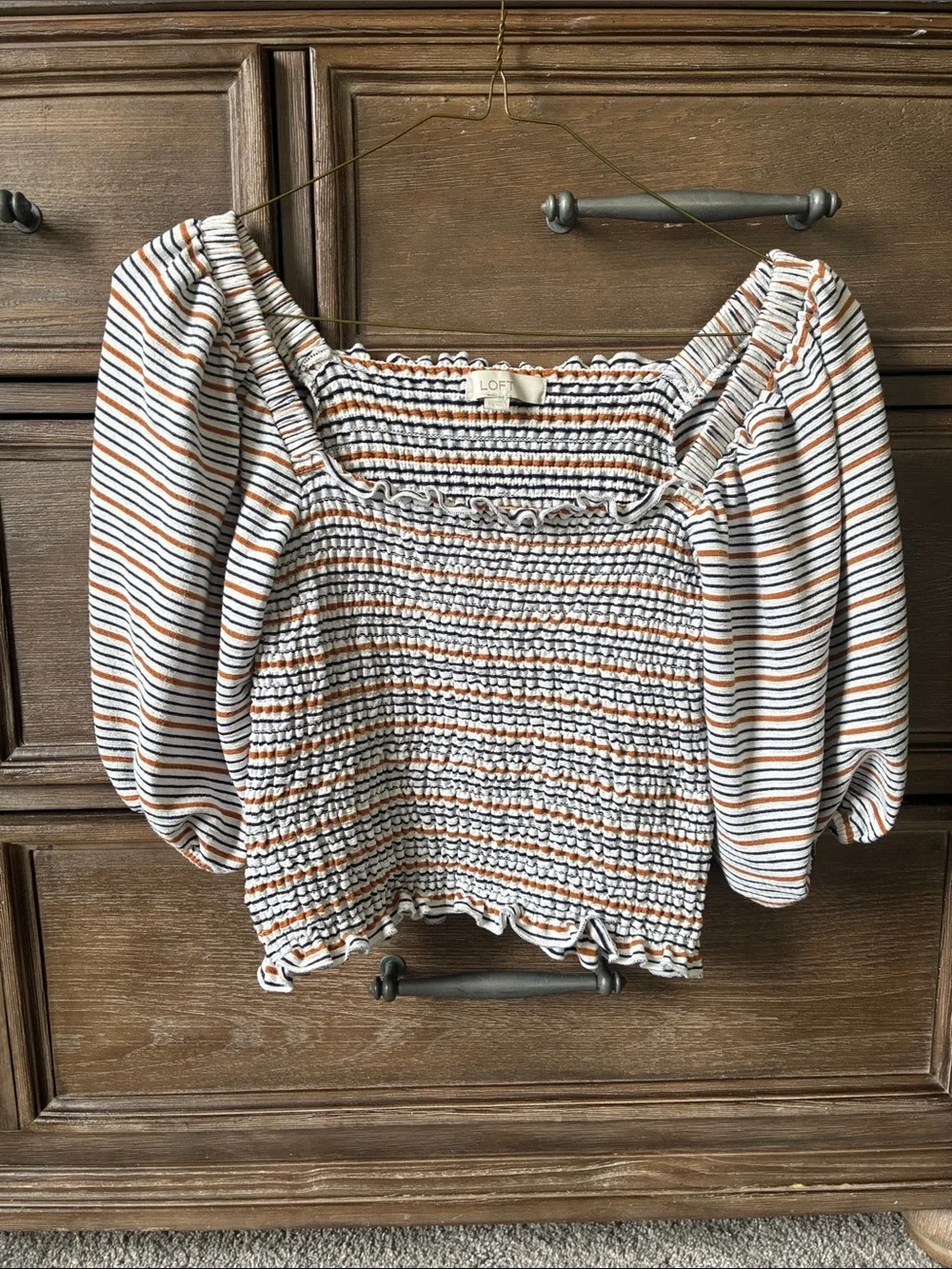 LOFT Striped Smocked Peasant Top in White, Orange & Black